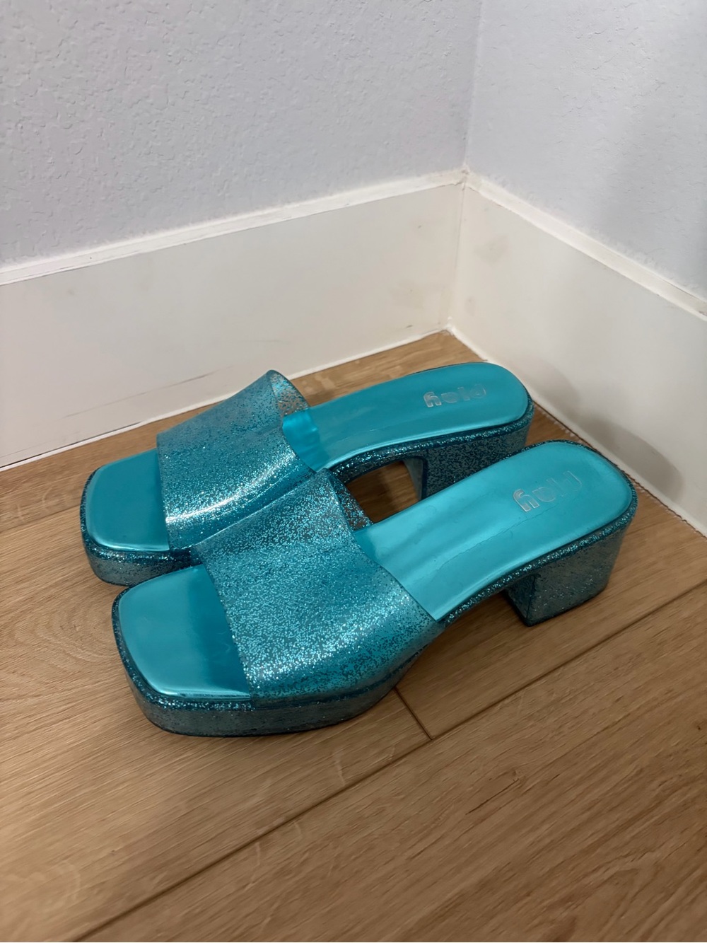 Turquoise Glitter Block Heel Slide Sandals - Women